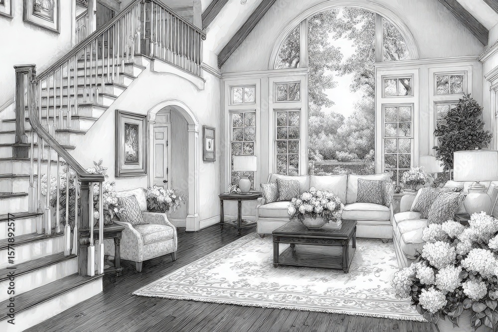 Spacious living room features a comfortable couch and armchairs, adorned with floral decor, overlooking a scenic garden through large windows. Natural light fills the area, creating a warm ambiance.