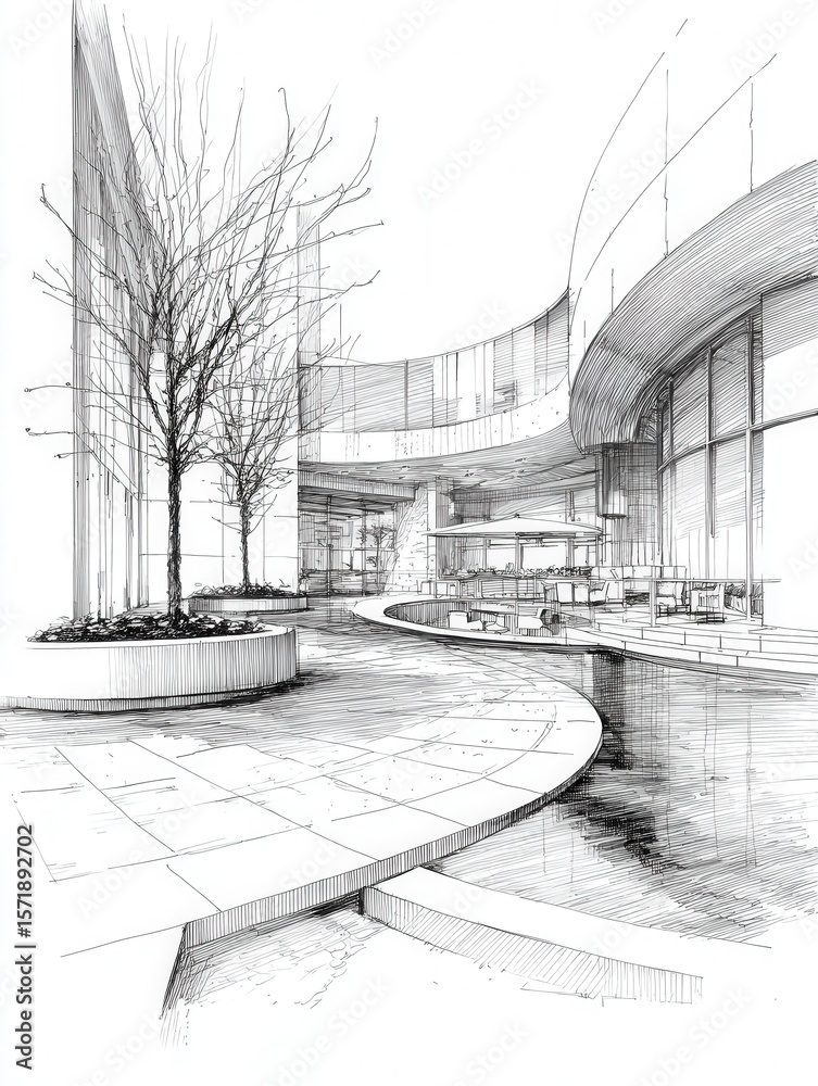 Expansive courtyard features a blend of modern architecture, ornamental trees, and a reflective water surface, creating a tranquil space for relaxation and socializing in a contemporary setting.