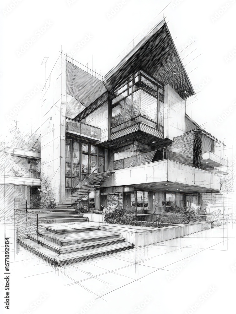 A striking modern residence showcases innovative design with multiple levels, large windows, and geometric shapes. The building features extensive outdoor landscaping and a grand entrance.