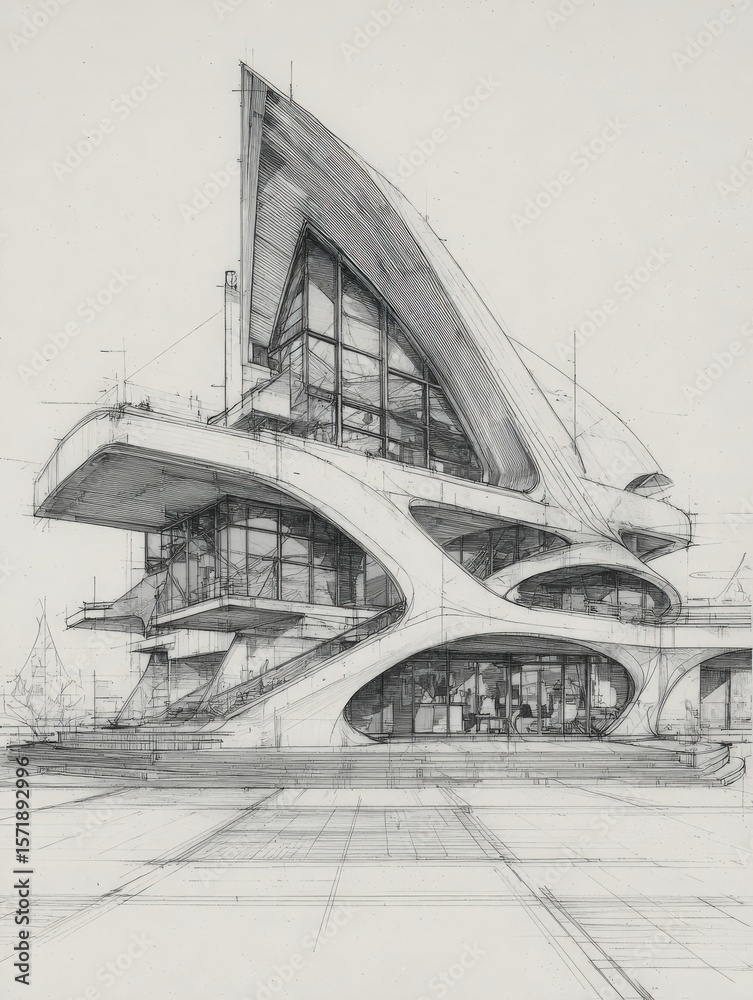 An architectural sketch reveals a contemporary multi-level structure with flowing curves and large glass windows.