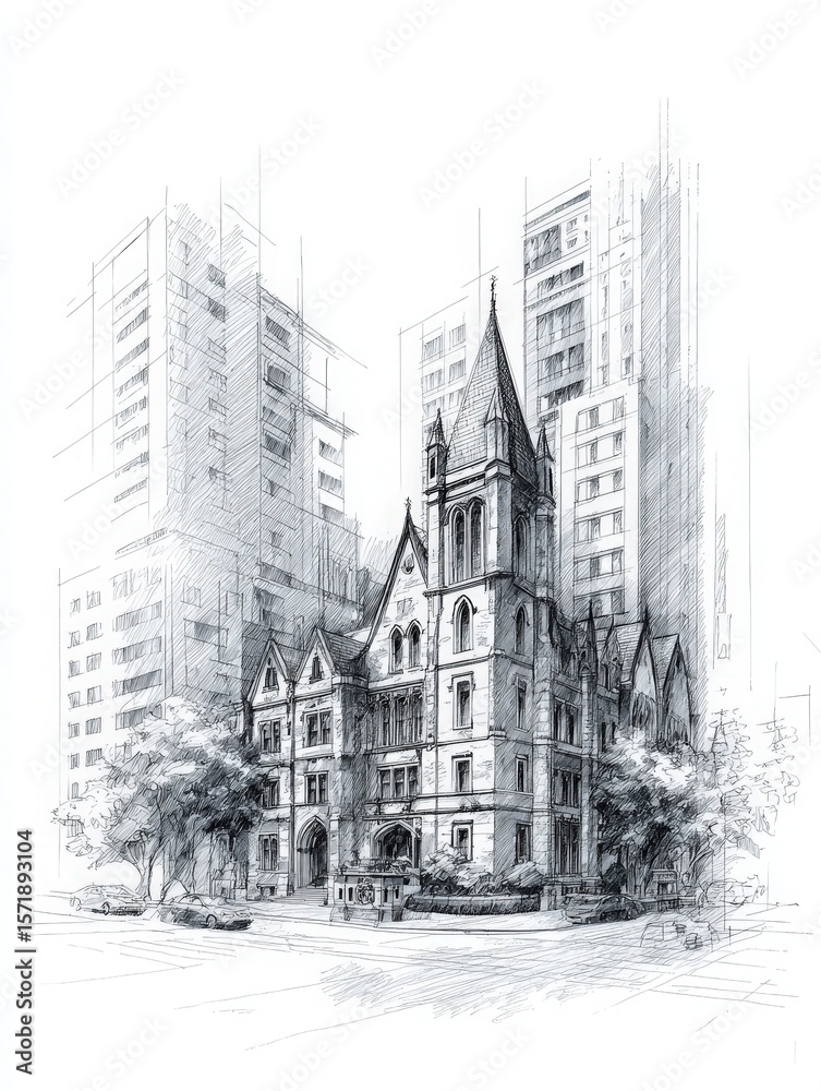 An intricate sketch depicts a historic Gothic structure surrounded by tall, modern buildings in a lively urban setting, showcasing a contrast between old and new architecture.