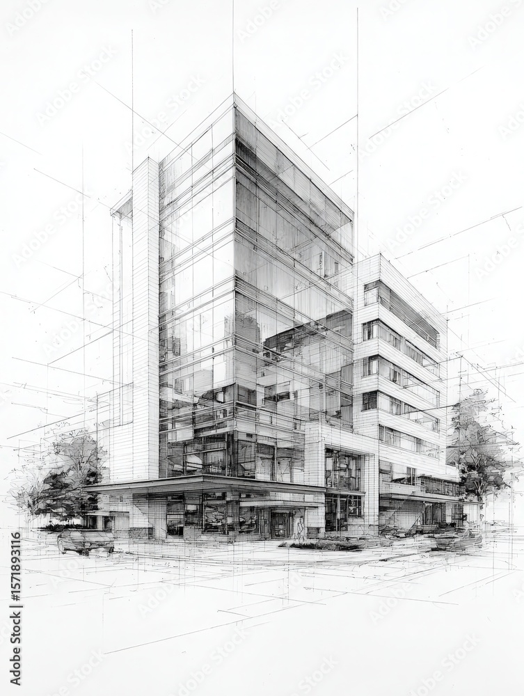A detailed architectural sketch showcases a modern building with large glass panels and a unique structure. The drawing emphasizes clean lines and contemporary elements, surrounded by trees.
