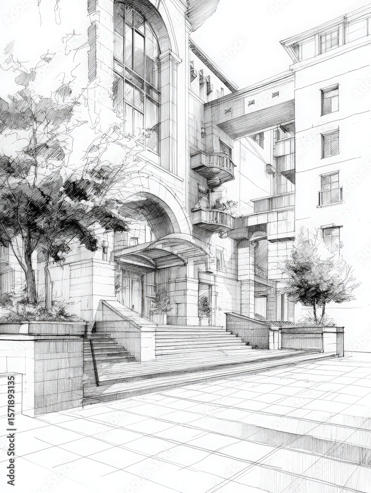 A well-crafted architectural sketch showcases a modern urban buildings grand entrance.