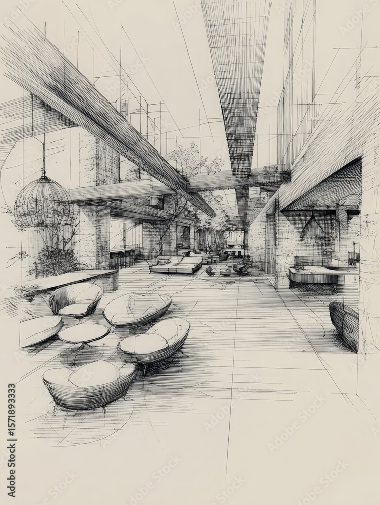 A detailed architectural sketch showcases a contemporary lounge designed with organic seating arrangements. Natural light floods the space through large windows, enhancing its open feel.