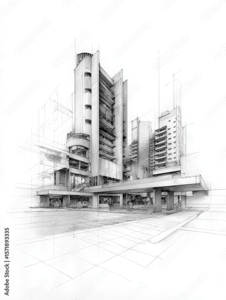 A detailed sketch reveals a striking modern building characterized by angular shapes and multiple levels. The design incorporates open spaces underneath and features surrounding urban elements.