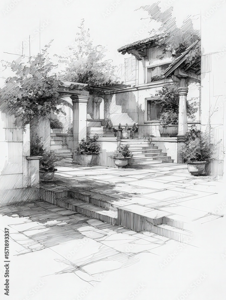 A beautifully illustrated courtyard showcases stone steps leading through architectural columns. Lush plants in pots add a touch of nature, creating a peaceful atmosphere under clear skies.