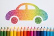 © AiHRG Design - A colorful drawing of a car is created with crayons, showcasing a vibrant gradient. Below, a row of neatly arranged crayons in various colors enhances the artistic theme.