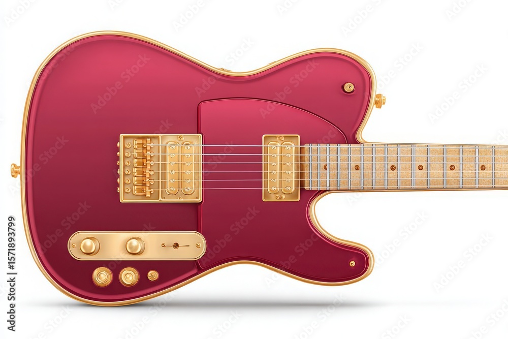 This electric guitar showcases a striking deep red body with elegant gold hardware. The instrument features two pickups, a smooth fingerboard, and distinctive controls, making it visually stunning.