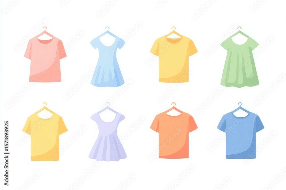 A vibrant display of clothing hangs on hooks, showcasing a range of styles including shirts and dresses in pastel and bright colors. The arrangement highlights fashion variety and casual wear.