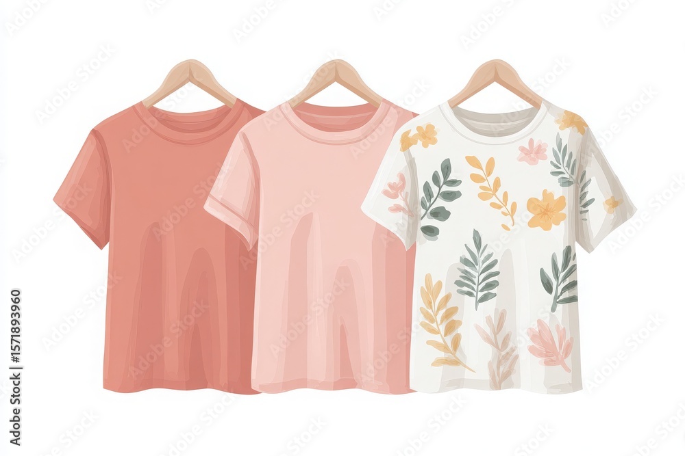 Three cotton t-shirts are hanging on wooden hangers.