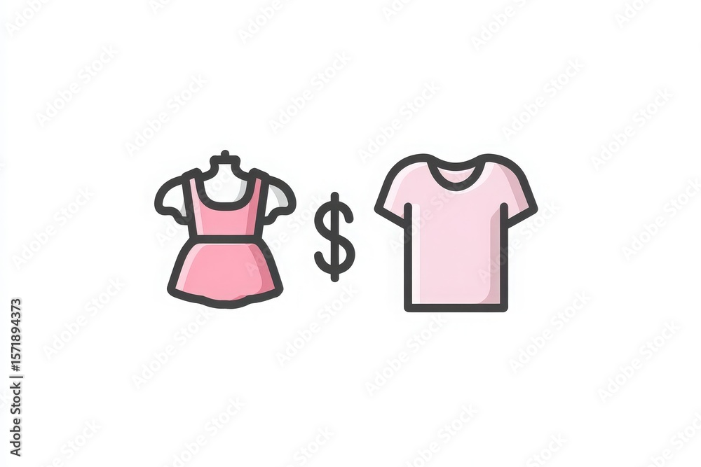 A pink dress on a mannequin is displayed beside a simple pink shirt, emphasizing the concept of a clothing sale. The dollar sign indicates pricing, capturing a retail setting.