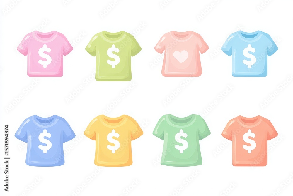 Brightly colored t-shirts in a grid layout, featuring symbols like dollar signs and hearts. Each shirt is a different pastel color, ideal for casual wear and summer fashion trends.