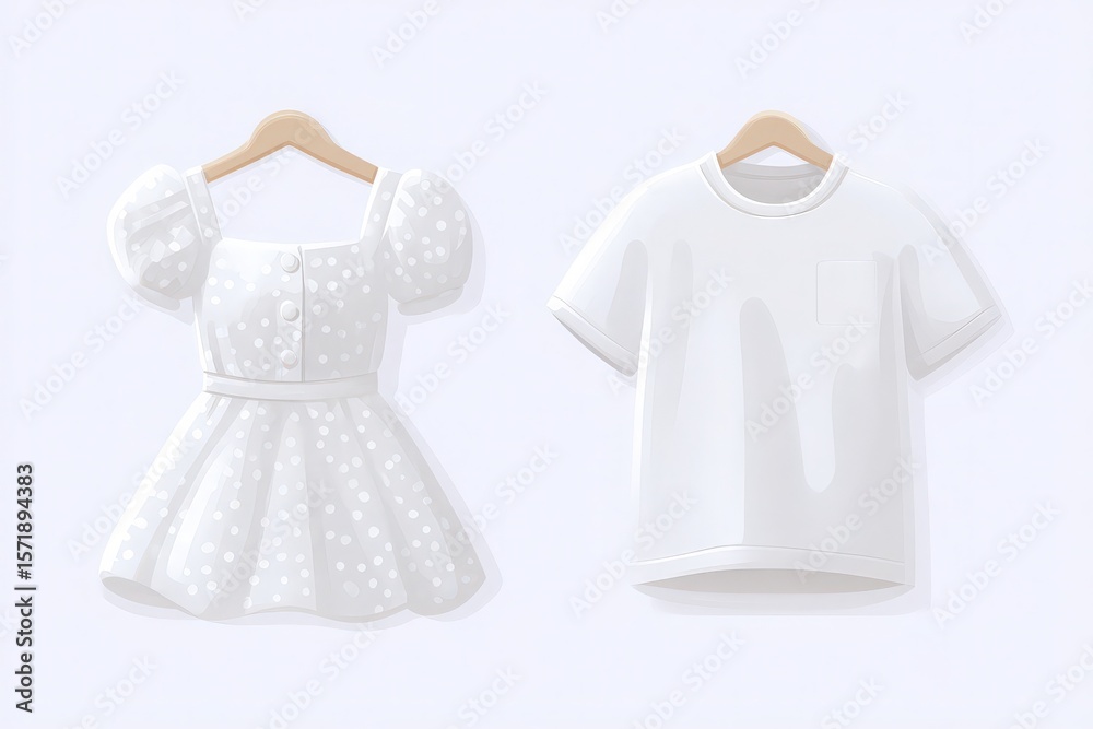 A charming white dress with puffed sleeves and buttons is paired with a simple white t-shirt, both elegantly hanging on wooden hangers, showcasing a stylish fashion display.