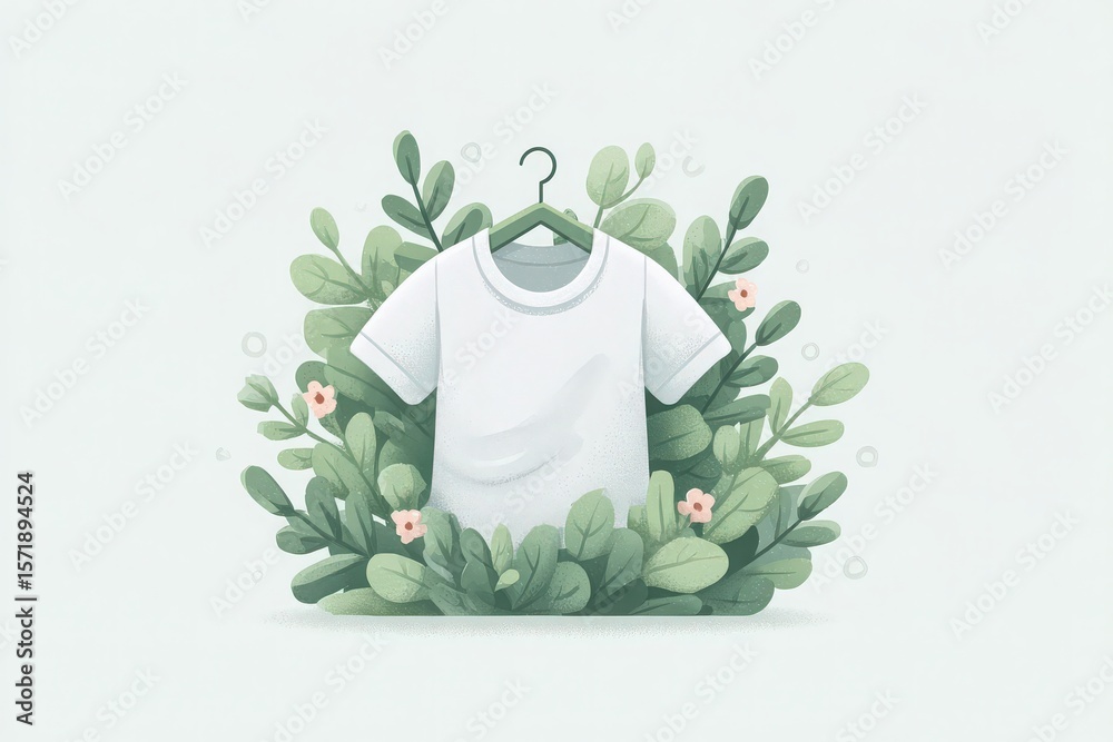 A white t-shirt hangs on a minimalist hanger, nestled among lush green plants and delicate flowers. The scene evokes a fresh and natural atmosphere, ideal for showcasing eco-friendly fashion.