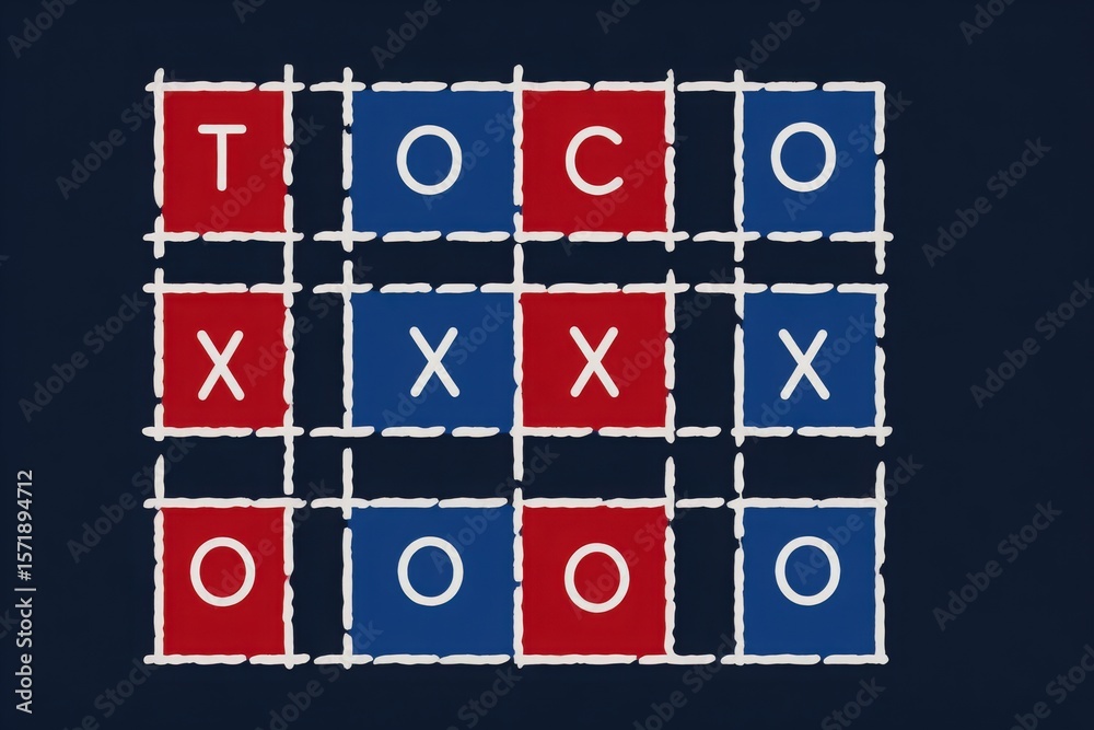 A grid displays a strategic game with red and blue squares arranged in a tic-tac-toe style. Letters appear in each square, showcasing a competitive activity on a dark backdrop.