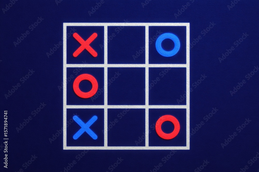 A game of tic tac toe displays a partially filled grid. Red and blue markers represent players moves, creating an engaging and competitive atmosphere. The striking background adds vibrancy.
