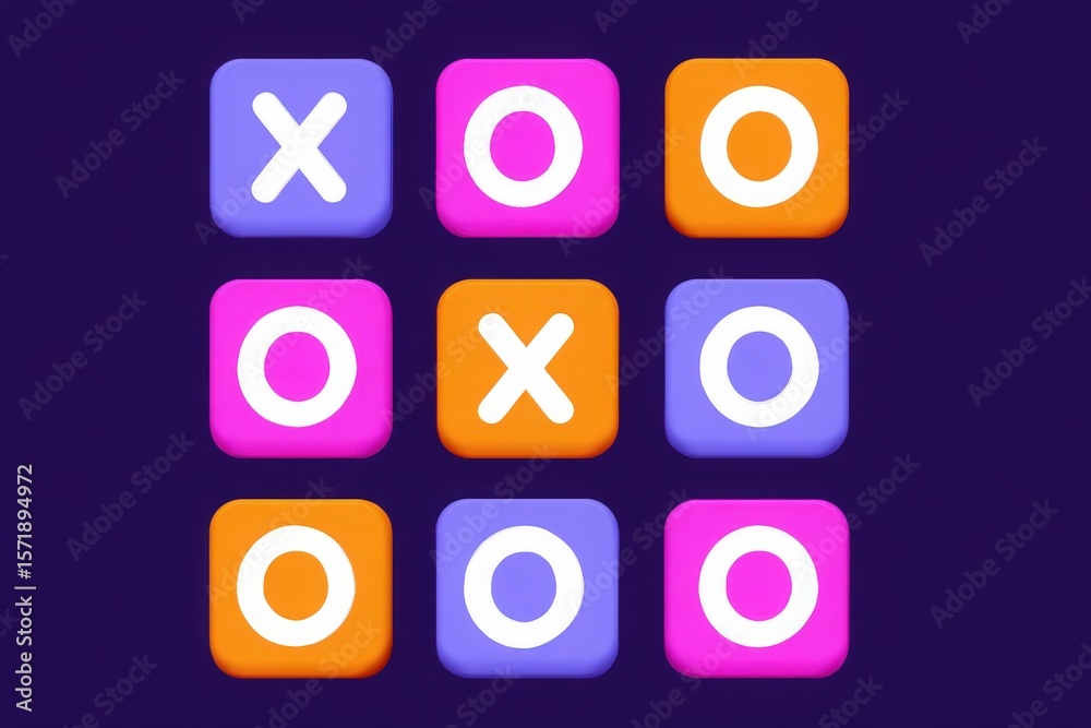 A tic-tac-toe grid features a 3x3 arrangement of colorful squares in various shades. The game pieces are placed in vibrant colors, showcasing an engaging and fun aesthetic.
