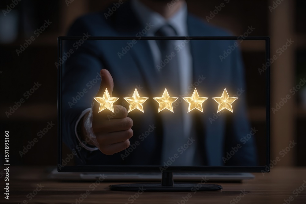 A business professional in a suit is shown giving a thumbs up while a computer screen displays five glowing stars. The setting appears to be an office with a blurred background.