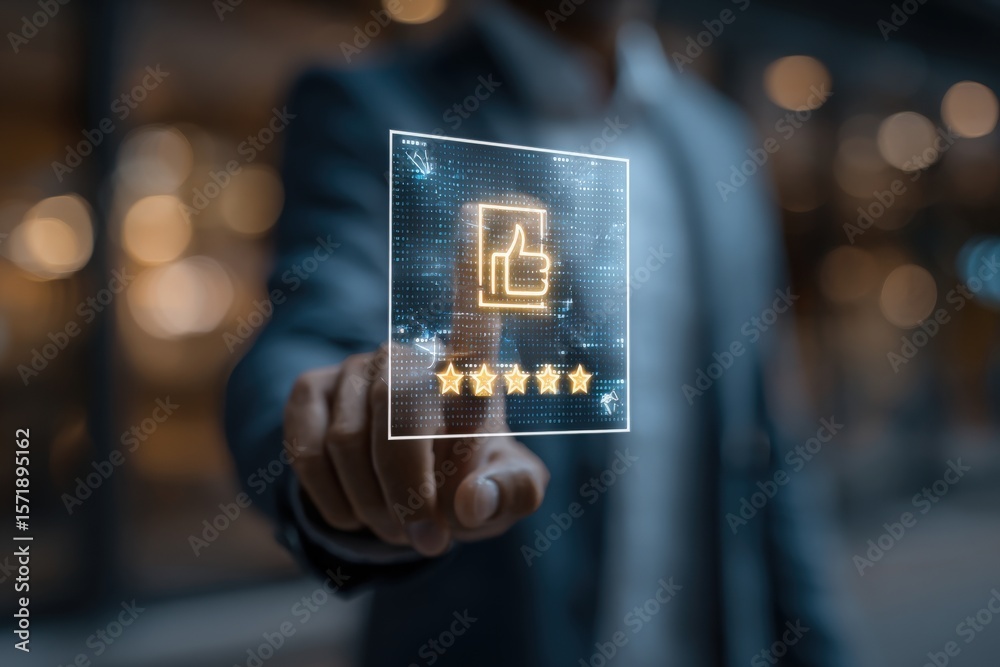 A businessman in a suit is using a transparent touchscreen to engage with a digital interface showcasing a thumbs-up icon and five-star ratings.