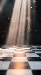 Poster - Dance of Light in an Empty Hall with Checkered Floor and Glowing Particles