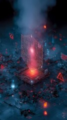 Aufkleber - An abstract graphic depicting a digital shield protecting a network infrastructure surrounded by warning signs of data breaches. This visual portrays the proactive measures necessary