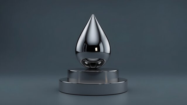 Polished chrome teardrop shape resting on a metallic pedestal against a dark background