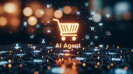 Poster - A glowing shopping cart surrounded by digital icons represents the concept of an ai agent facilitating online shopping and ecommerce