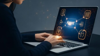 Poster - A person uses a laptop displaying an ai agent interface, highlighting the integration of artificial intelligence in business and technology