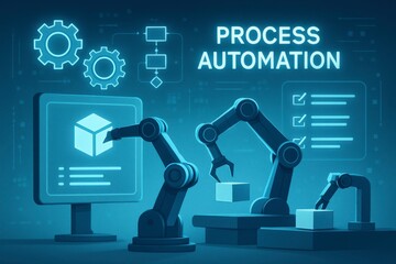Poster - Robotic arms automating processes in a futuristic blue environment