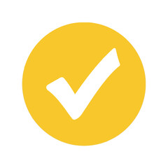 Poster - A white check mark inside a yellow circle, isolated on white background, represents approval, success, and a positive choice