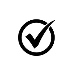 Poster - A black check mark inside a circle, isolated on white background, symbolizes approval and successful completion