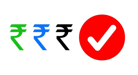 Poster - Green, blue, and black rupee symbols are displayed with a red check mark, isolated on white background