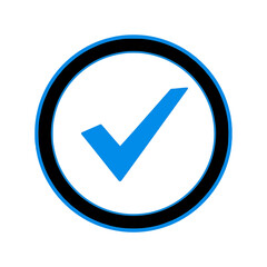 Poster - A blue check mark is inside a circle with a black border, isolated on white background