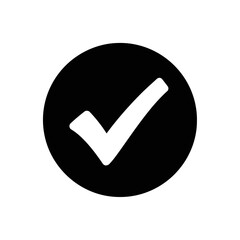 Poster - A white check mark inside a black circle, isolated on white background, signifying approval and completion