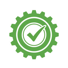 Poster - A green checkmark is inside a green gear, isolated on white background, signifying approved mechanical processes