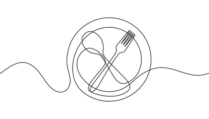 Wall Mural - Knife and fork crossed on a plate. Continuous one line drawing. Minimalist food and restaurant concept. Simple black outline isolated on white. Vector illustration.
