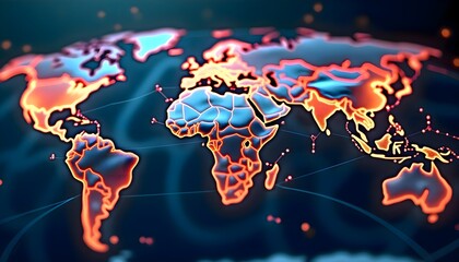 Poster - Digital world map with glowing light connections representing global network, data transfer, internet infrastructure, and digital communication