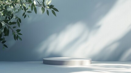 Poster - Minimalist display platform with soft light and leafy shadows creating a serene atmosphere