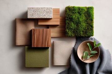 Poster - Collection of natural materials and textures arranged on a surface for interior design inspiration in a well-lit environment