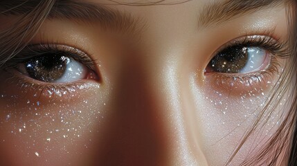 Poster - Beautiful close-up of sparkling eyes reflecting stars against a dark background in artistic composition