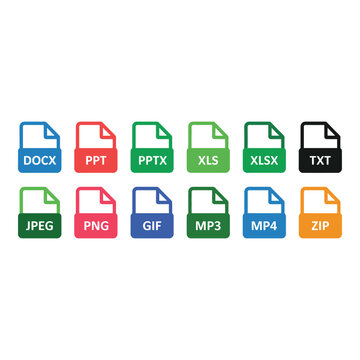 Colorful File Format Icons DOCX PPT PPTX XLS XLSX TXT JPEG PNG GIF MP3 MP4 ZIP Modern Flat Design