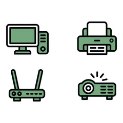 Poster - Modern Green Office Technology Icons Computer Printer Router Projector Minimalist Style