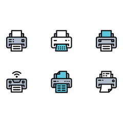 Poster - Six Modern Printer Icons Wireless Document Printing Flat Design Clean Style Technology Concept