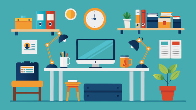 Modern flat design illustration of a home office desk setup with computer and supplies