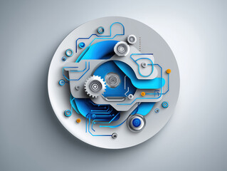 Poster - Digital abstract design featuring gears, circuits, and blue elements on a round surface