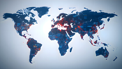 Poster - Digital map of the world with red glowing dots representing network activity, data distribution, or spread of global information or alerts