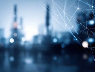 Poster - Digital cityscape with blurred lights and network connections at dusk