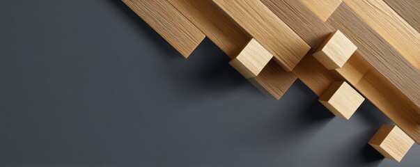 Fototapete - Abstract diagonal wooden planks and cubes on a gray background creating a modern design pattern