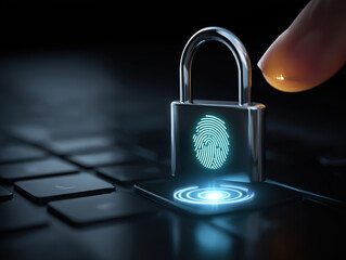 Poster - Modern security technology featuring a fingerprint lock on a computer keyboard