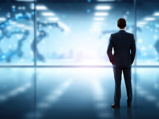 Poster - Businessman gazing at innovative technology display in modern office setting